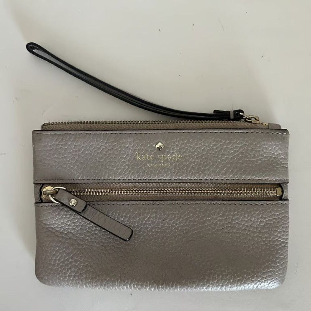 Kate Spade Chester Street Miri Wristlet Grey Pebbled Leather Double Zip Wallet